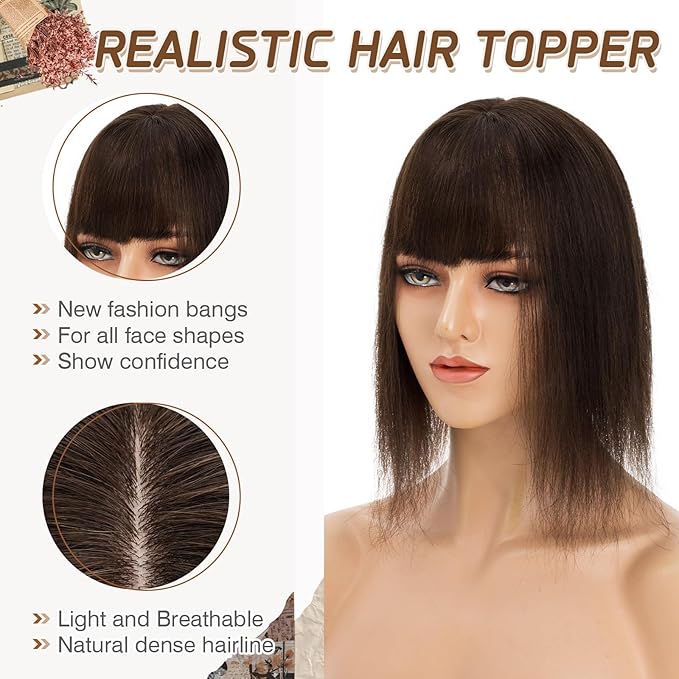 Rich Choices Real Human Hair Toppers for Women With Bang 100% Remy Human Hair Topper for Thinning Hair Clip in Silk Base Hair Topper 14 Inch #2 Dark Brown