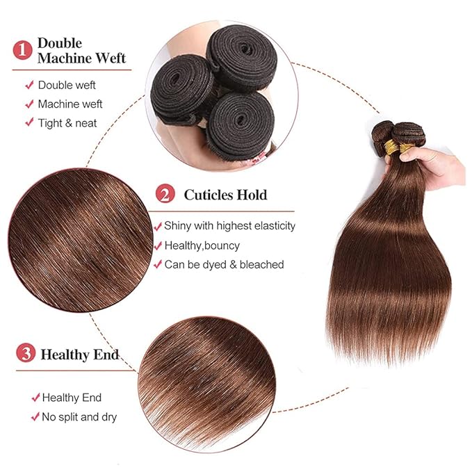 Color 4 Straight Bundles Brown Human Hair Bundle Niegmeag Peruvian Virgin Soft and Sikly Remy Hair 3 Bundles 22 24 26 Inch Chocolate Brown Color