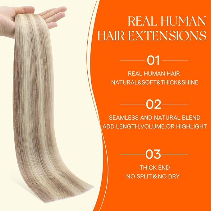Full Shine Seamless Injection Hair Extensions Tape in Real Human Hair 22 Inch Color 18 Ash Blonde and 613 Blonde Straight Injected Remy Tape in Extensions 20 Pcs 50 Grams Add Length