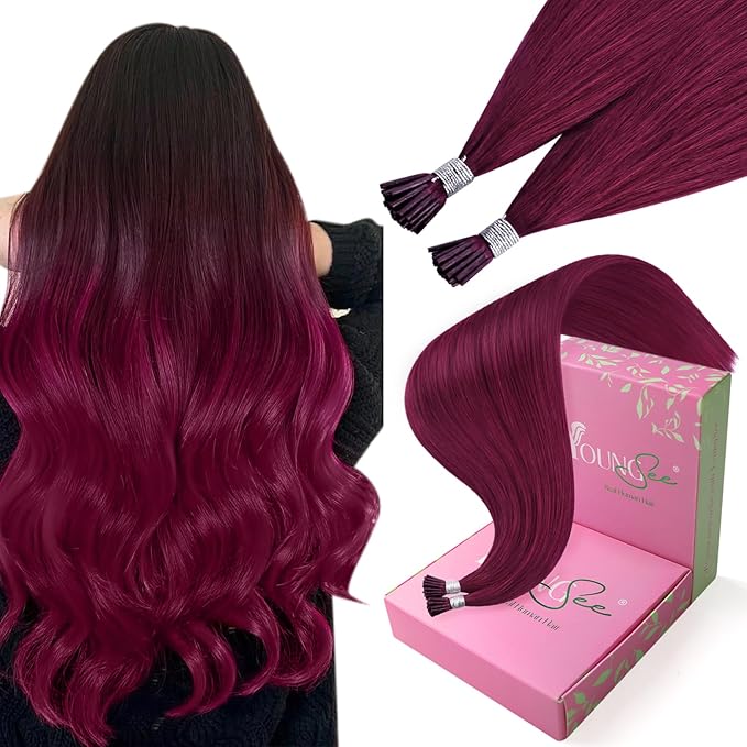 YoungSee I Tip Hair Extensions Magenta 25s Itips Hair Extensions Human Hair Red 25g Color I Tip Extensions Long Hair 24 Inch Remy Real Human-Hair Red for Play Highlights