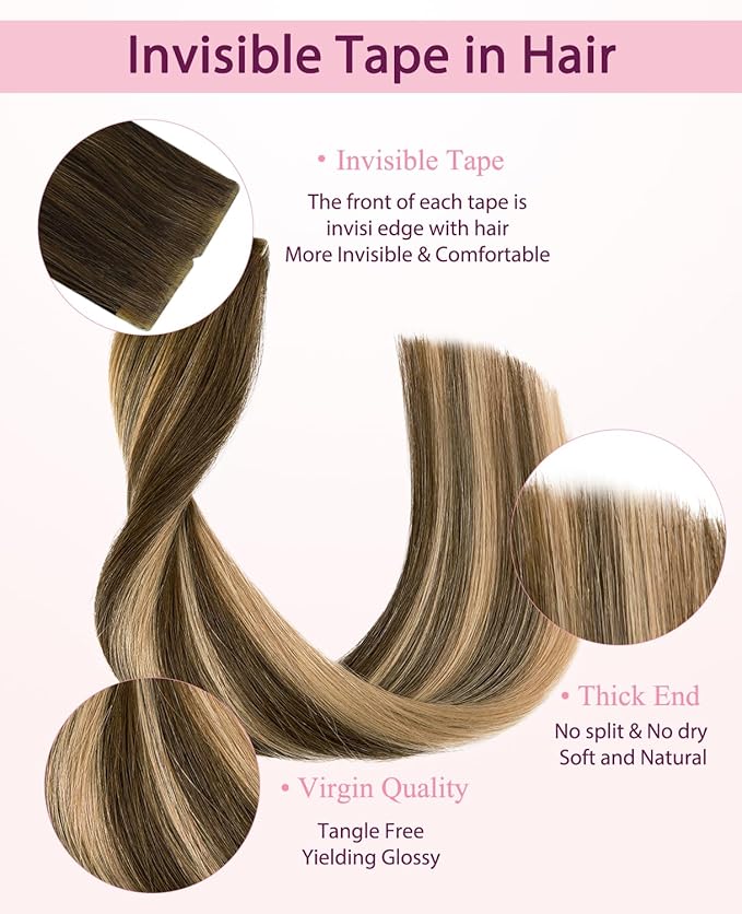 Pinkpearl Invisible Tape in Hair Extensions Human Hair, 20pcs 14inch 40g #4/27/4 Balayage Chocolate Brown to Caramel Blonde Injection Tape in Extensions Real Remy Seamless Human Hair Injected