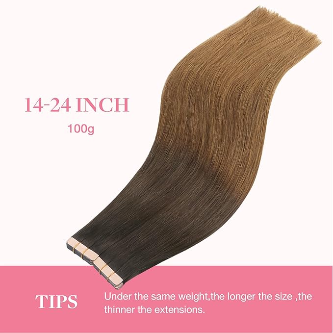 GOO GOO Tape in Hair Extensions Human Hair, 1D/2C/4E Chocolate Dip Color Melt, 22inch 100g 40pcs, Skin Weft Seamless Invisible, Silky Straight with Thick Ends, Remy Human Hair