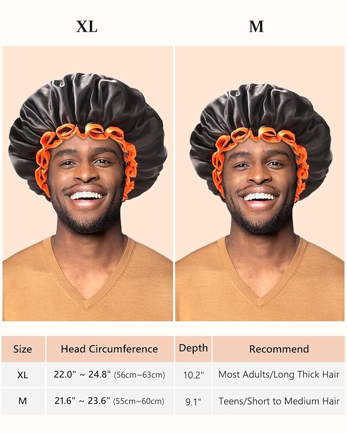 mikimini Large Shower Cap for Women Long Hair, Black, Reusable Waterproof Double Layers XL Washable Colorfast Odorless High-Quality Shower Cap for Men with Vibrant Orange Edge