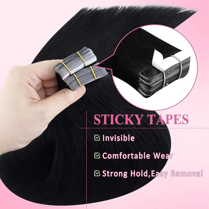 YoungSee 28 Inch Tape in Hair Extensions Human Hair Black Tape in Extensions Real Human Hair Tape-in Hair Extension Black Girl Glue in Hair Extension for Long Hair 50g 20pcs