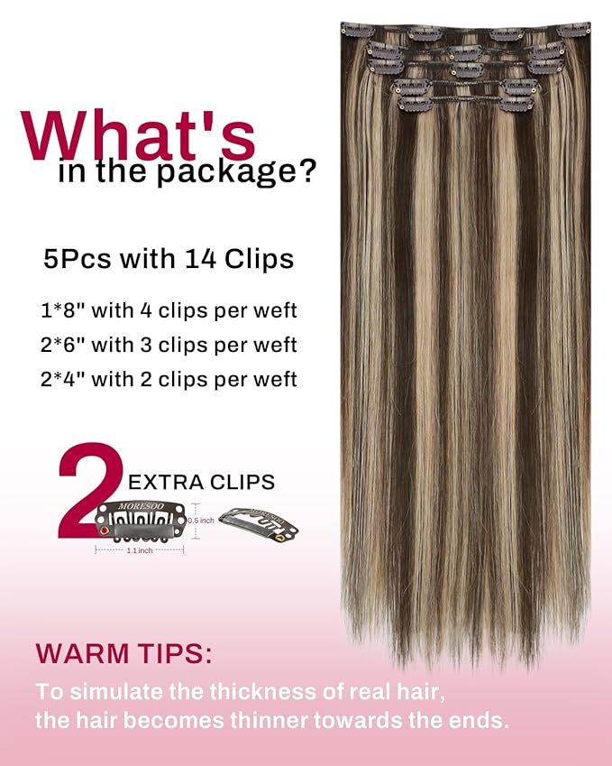 Moresoo Clip in Hair Extensions Brown with Blonde Highlights Human Hair Clip in Extensions Dark Brown with Honey Blonde for Short 80 Gram 5pieces Double Weft 10 inch