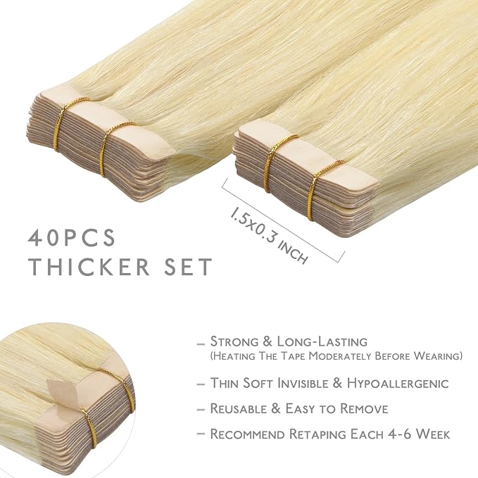 Wennalife 40pcs Tape in Hair Extensions Human Hair,120g 26 inch Bleach Blonde Hair Extensions Real Human Hair Straight Tape in Extensions Invisible Human Hair Extensions Reusable Real Hair Extensions