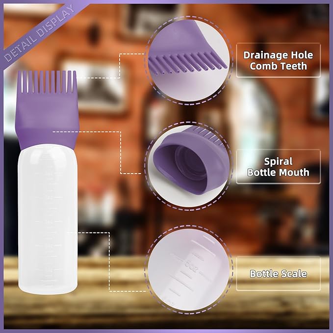 BLAAROOM Root Comb Applicator Bottle 6 Ounce, 4 Pack Hair Oil Applicator with Root Comb Brush - Dark Purple