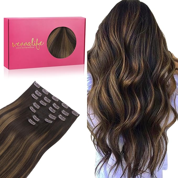WENNALIFE Clip in Hair Extensions Real Human Hair, 12 Inch 80g 7pcs Remy Hair, Balayage Dark Brown Mixed Chestnut Brown Straight Natural Extensiones De Cabello Humano Con Clip Ins