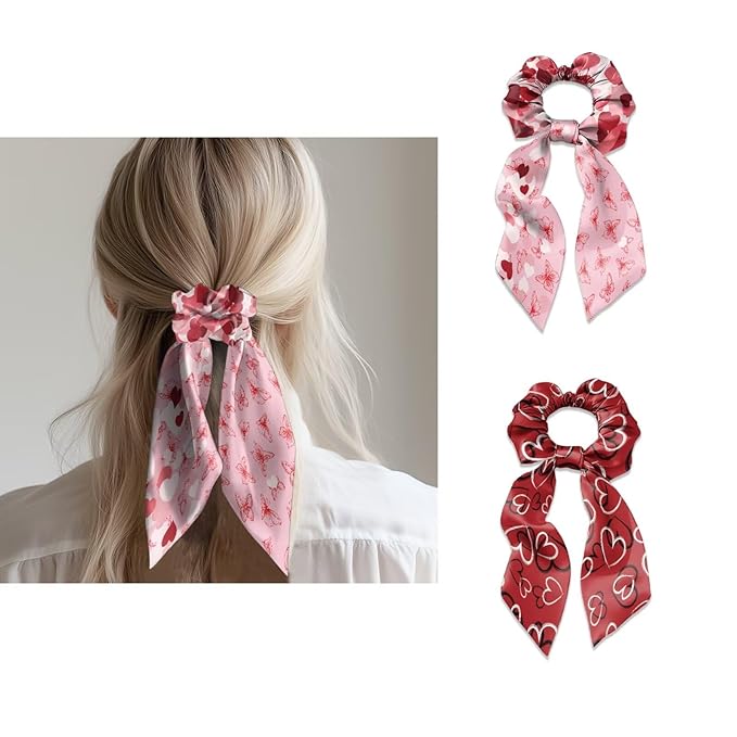 2 Piece Butterfly Love Heart Print Hair Scarf Scrunchies for Women Valentine's Day Hair Ties No Damage Ribbon Scrunchies Knotted Bow for Yoga