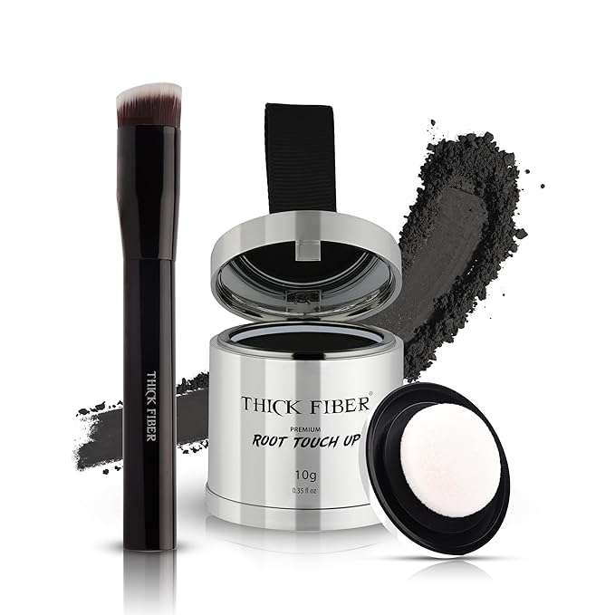 THICK FIBER Root Touch Up Powder with Brush – Covers Grey Roots, Thinning Hair & Bald Spots – Sweat & Water Resistant for Men & Women (Black, 0.35 Ounce (Pack of 1))