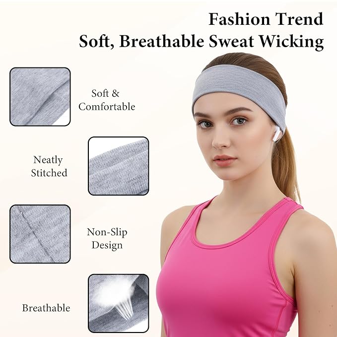 6 Pcs Non-Slip Headbands for Women, Stretchy Sweat Wide Headband Soft Elastic Sports Headbands for Yoga, Running, Workout, Hair Bands Accessories