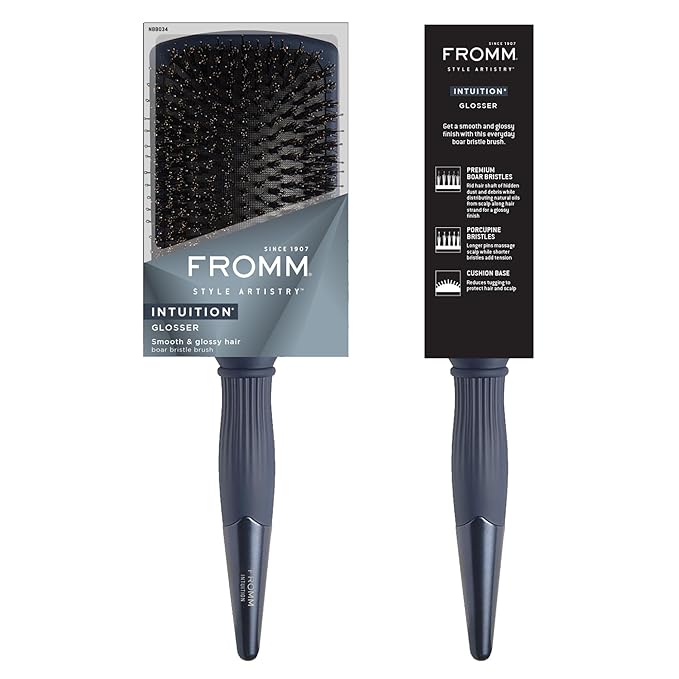 Fromm Intuition Glosser Smooth & Glossy Boar Bristle Paddle Brush, Detangles, Smoothes, and Massages Scalp to Distribute Oils for Shiny Healthy Hair, Navy Blue