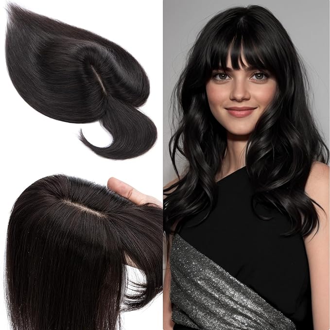 SEGO 100% Real Human Hair Toppers with Bangs,Silk Base 150% Density Clip in Topper Top 2.7”x5.1” Hair Pieces for Women with Thinning Hair/Hair Loss Cover Gray Hair