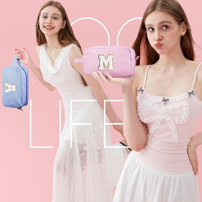 YOOLIFE Graduation Gifts for Girls Teen Girls - Monogrammed Initial Blue Makeup Bag, Graduation Party Favor, Personalized Preppy Stuff Dance Gifts for Teen Girls Kids, Birthday Gifts for Girls D