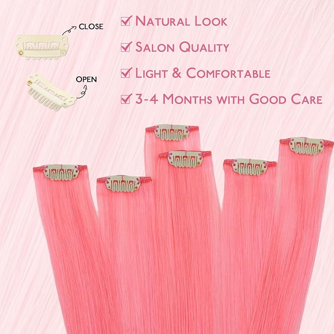 WENNALIFE Light Pink Clip in Hair Extensions Real Human Hair 35g 6pcs 16 Inch Colored Hair Extensions for Kids Women Colorful Hair Pieces Pop-up Style Straight Extensiones De Cabello Humano Con Clip