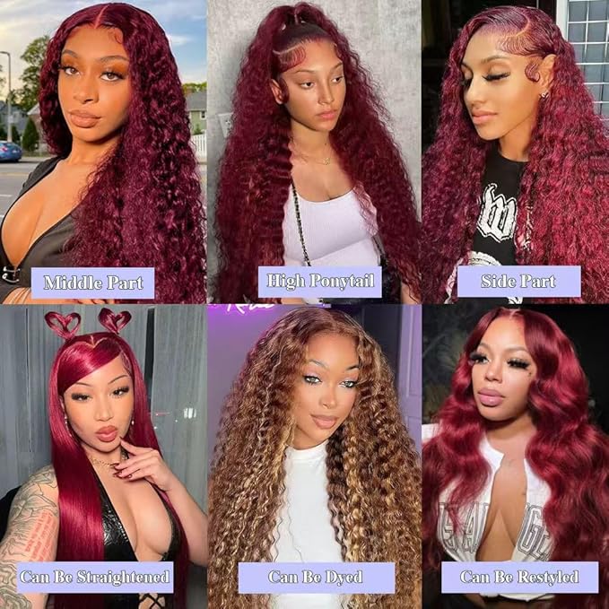 28 Inch Burgundy Wig Human Hair 13x6 Deep Wave Lace Front Wigs 200 Density 99j Burgundy HD Lace Front Wigs Human Hair Pre Plucked Red Colored Deep Curly Wig for Women