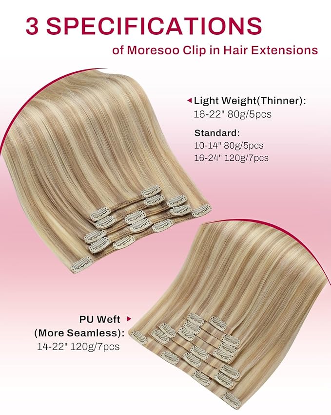 Moresoo Clip in Hair Extensions Blonde Highlights Remy Hair Extensions Clip ins Golden Blonde With Medium Blond Double Weft for Long And Straight 80g/5pcs 22 inch