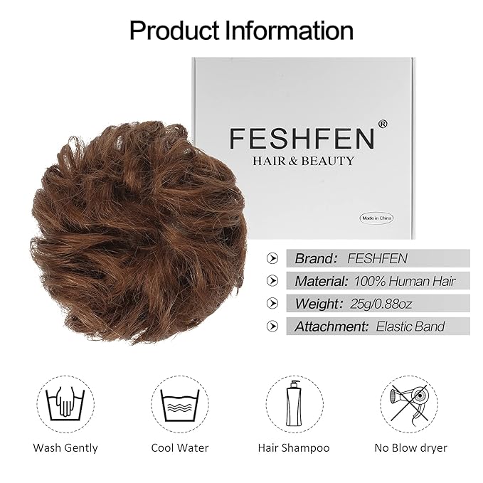 FESHFEN Women's Medium Auburn Wavy Curly Human Hair Messy Bun Hairpiece, 100% Real Hair, Easy to Use, Suitable for All Occasions