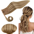 RUNATURE Ponytail Extension Human Hair, Real Hair Ponytail Extension for Women, Magic Paste Straight Human Hair Ponytail, 18 Inch 80g #10P16 Dark Blonde Highlight Caramel Blonde