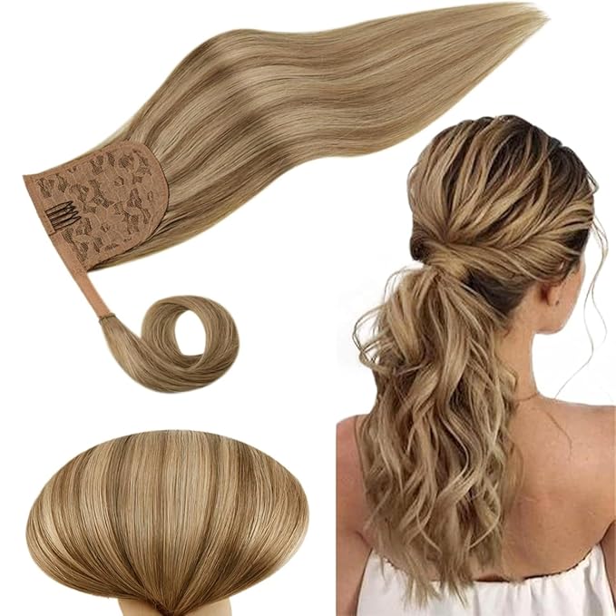 RUNATURE Hair Ponytail Extension Blonde Straight Human Hair Ponytail Extension 16 Inch Dark Blonde with Caramel Blonde Short Ponytail Human Hair Extension with Magic Paste Full Ends 80g