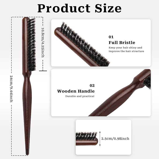 Boar Bristle Styling Brush with Rat Tail for Curly Hair Sectioning, Backcombing, and Smoothing