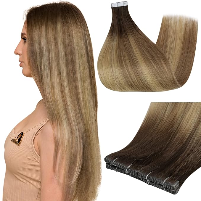 Full Shine Virgin Tape in Hair Extensions Injection Tape ins Extensions Color 3/8/22 Balayage Tape ins Human Hair 20Inch Seamless Invisible Hair Extensions 12.5Gram Straight Real Human Hair 5Pcs
