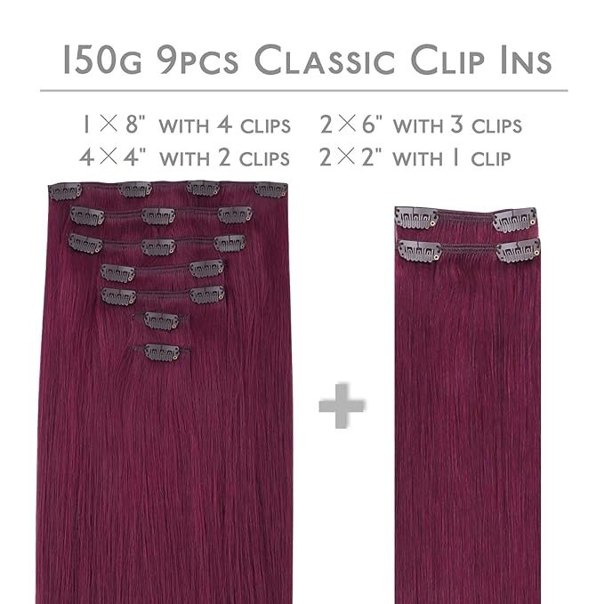 WENNALIFE Clip in Hair Extensions, 150g 22 Inch 9pcs Light Burgundy Remy Hair Thicker Double Weft Extensiones De Cabello Humano Con Clip Ins Straight Full Volume