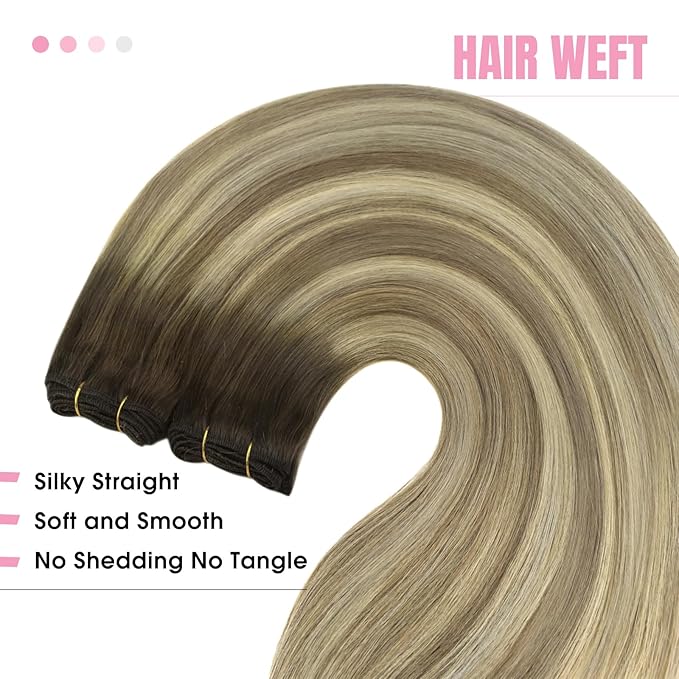 YoungSee Human Hair Weft Extensions Walnut Brown Ombre Light Brown with Blonde Sew in Hair Extensions Balayage Hair Extensions Weft for Natural Look 18Inch 100G