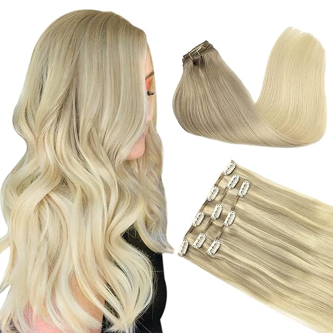 DOORES Clip in Hair Extensions, 70g 3pcs Balayage Ash Blonde to Golden Blonde and Platinum Blonde 22 Inch Human Hair Extensions Clip in Natural Hair Extensions