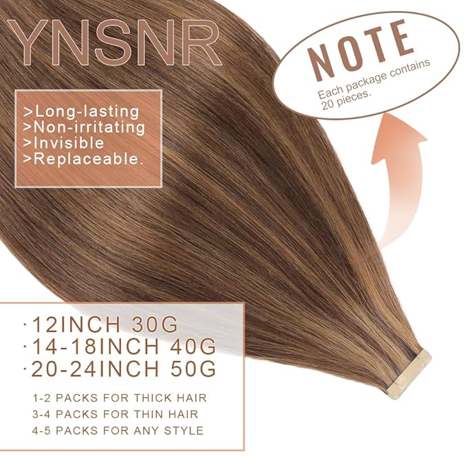 Tape in Hair Extensions Human Hair 16 Inch 20pcs Invisible Tape ins Hair Extensions Real Human Hair Brownish Brown to Brownish Yellow Remy Seamless Injected Tape Extensions