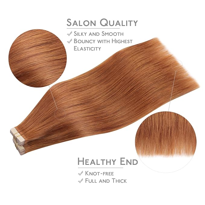 WENNALIFE Tape in Hair Extensions, 22 Inch Dirty Ginger Human Hair, 40pcs 100g Straight Invisible Reusable Real Extensions