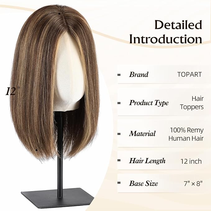 MONO TOP Hair Toppers for Women Human Hair 12 Inch 7"×8" Big Base Partial wig Cover Thinning Hair or Loss No Bangs Top Hair Pieces Natural Wiglets (Brown with Blonde Highlights)