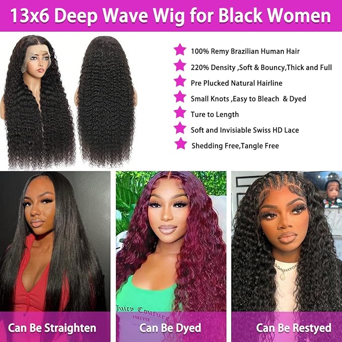 Deep Curly Wig Human Hair 13x6 Deep Wave HD Lace Frontal Wigs for Black Women Human Hair Pre Plucked 210% Density Glueless Wet and Wavy Curly Wig 32Inch