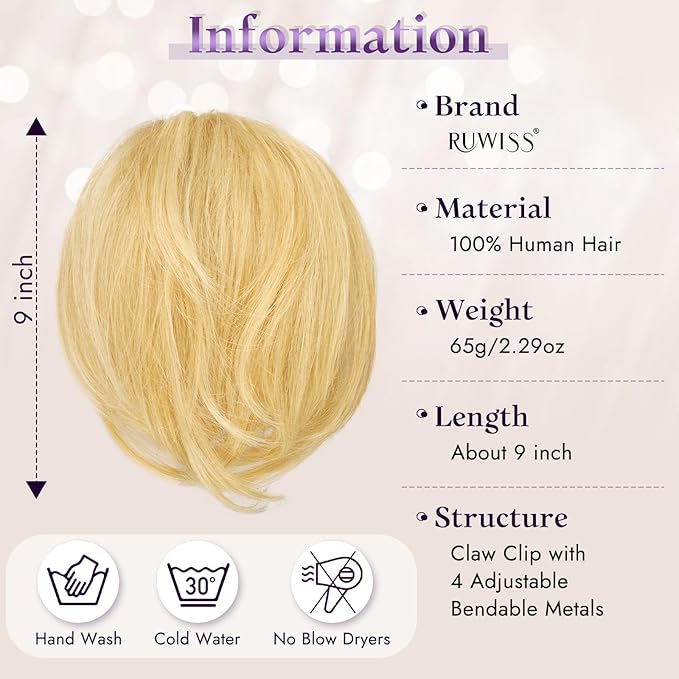 RUWISS Claw Clip Short Human Hair Ponytail Extension with Bendable Metals for DIY Styles Straight Messy Bun Hair Piece for Women Hairpieces for Daily Wear, 9 Inch Golden Blonde Mixed Bleach Blond