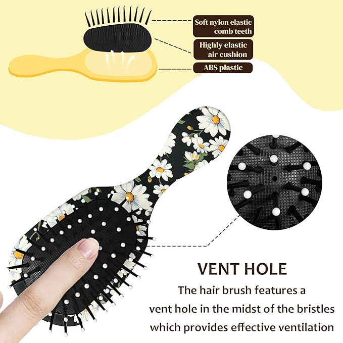 Mini Hair Brush,Cute Detangling Travel Hair Brush,Soft Bristles for Effortless Tangle Removal,Detangler Hairbrush for Women Men Boys Girls Kids Wet Dry All Hair Types (White Daisy, Mini)