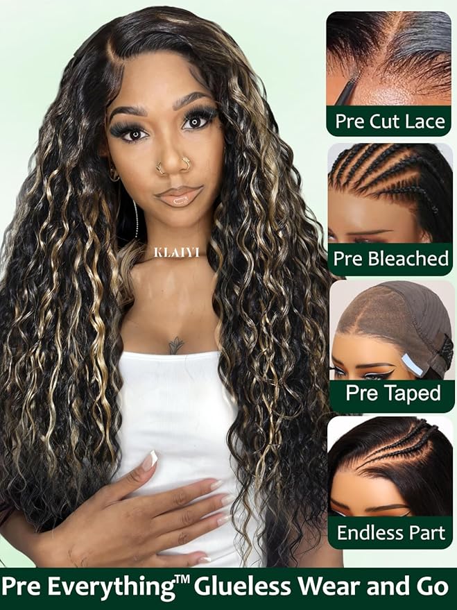 KLAIYI Ombre Highlight Blonde Water Wave Glueless Pre Everything 13x4 Lace Front Wigs Human Hair Drawstring Pre Plucked Pre Bleached Bye Bye Knots Curly Wig with Dark Roots Ready to Wear and Go 22Inch