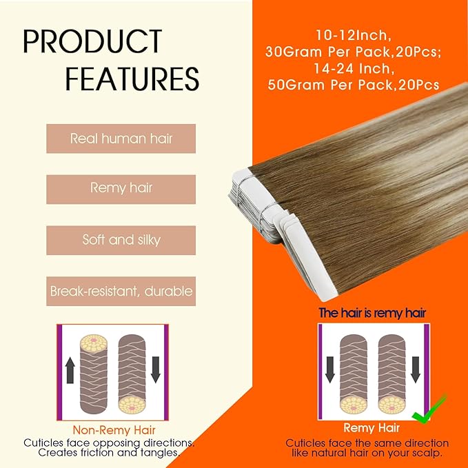 Full Shine Tape in Human Hair Extensions Color 3/8/22 Brown And Blonde Tape in Hair Extensions 20Inch Brazilian Double Sided Skin Weft Invisible Extension 50G 20Pcs Travel Friendly Styling