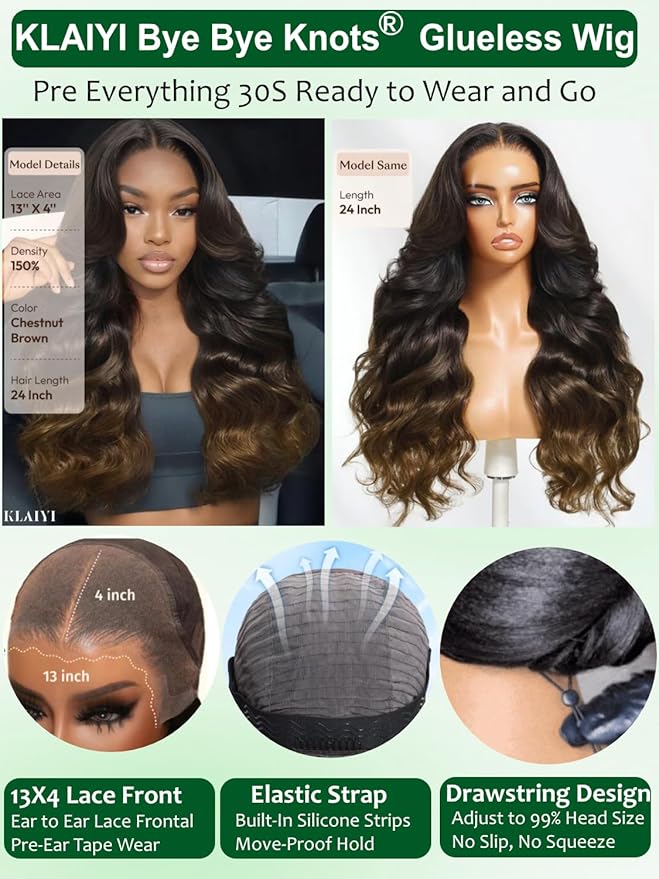 KLAIYI Ombre Brown Loose Body Wave 13x4Pre Everything Lace Frontal Chestnut Brown Drawstring Wig with Face Framing Layers Precut Lace Pre Plucked Bleached Bye Bye Knots Ready to Wear and Go Wig 24Inch