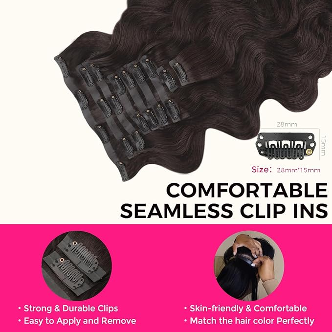 Lashey Seamless Clip in Hair Extensions Human Hair 150g 9pcs 24 Inch Body Wave #2 Dark Brown Clip for Women PU Weft Hair Extensions