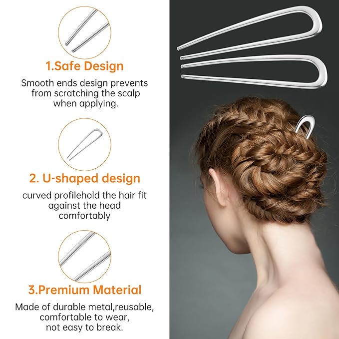 BEoffer French Hair Pin 3PCS Metal Hair Pins for Women Elegant French Twists, Buns and Updos with No Hair Damage, U-shaped French Pin Great Hold and Comfortable Keeps Hair in Place (Silver, 5 Inch)