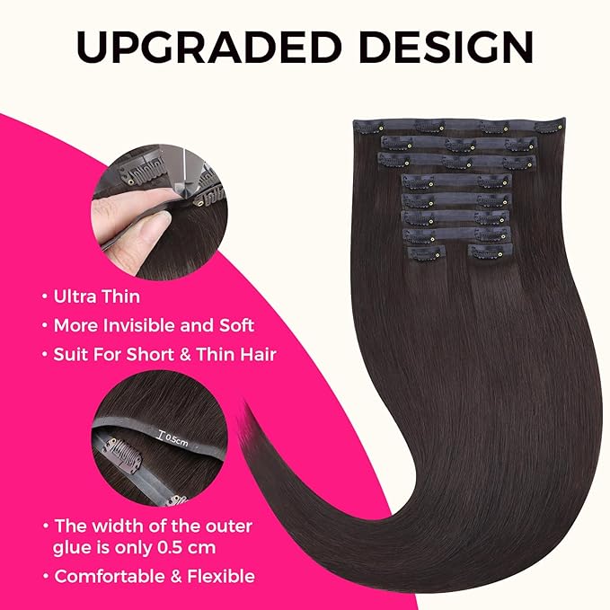 Lashey Seamless Clip in Hair Extensions Human Hair 130g 9pcs #2 Dark Brown Straight 16 Inch Hair Extensions Clip ins with Soft PU Hair Invisi Edge