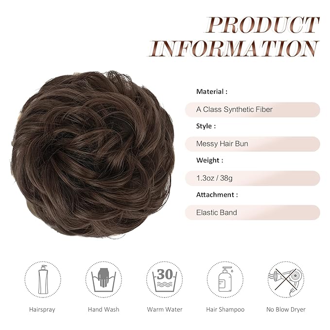 FESHFEN Messy Bun Hair Piece - Elastic Wavy Curly Hair Bun Scrunchies Extensions Synthetic Chignon Hairpieces for Women Girls, Medium Chestnut Brown 1.5 oz