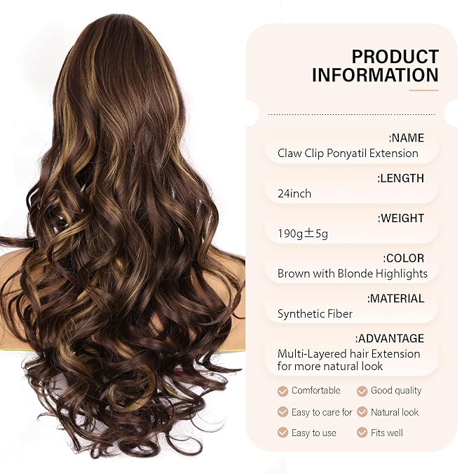 24 Inch Ponytail Extension, Clip on Ponytails for Women, Long Curly Wavy Ponytail Extensions for Women, Synthetic Layered Pony Tails Hair Extensions (Color: Brown with Blonde Highlights)