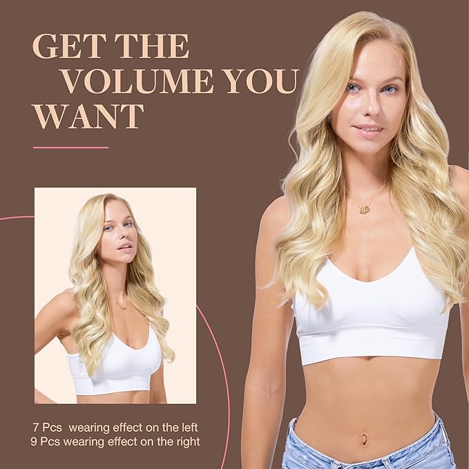 GOO GOO Clip in Hair Extensions Real Human Hair, Remy Human Hair Extensions Clip ins for Women, Natural Human Hair, 22inch 150g 9Pcs, 18A/613A Dark Blonde Highlighted Bleach Blonde