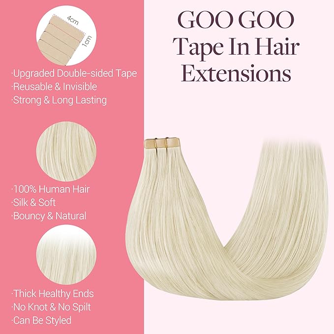 GOO GOO Tape in Hair Extensions Human Hair, 60A Platinum Blonde, 20inch 50g 20pcs, Skin Weft Seamless Invisible, Silky Straight with Thick Ends, Remy Human Hair