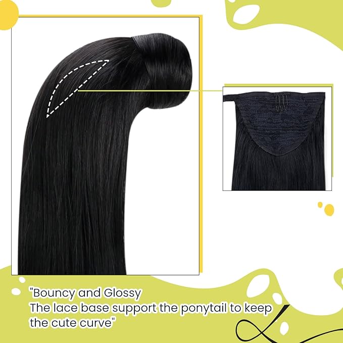 RUNATURE Ponytail Extension Human Hair Black, Real Hair Ponytail Extension for Women, 16 Inch 80g Wrap Around Human Hair Ponytail, Tangle-free, Clip in Pony Tail Extension #1 Jet Black
