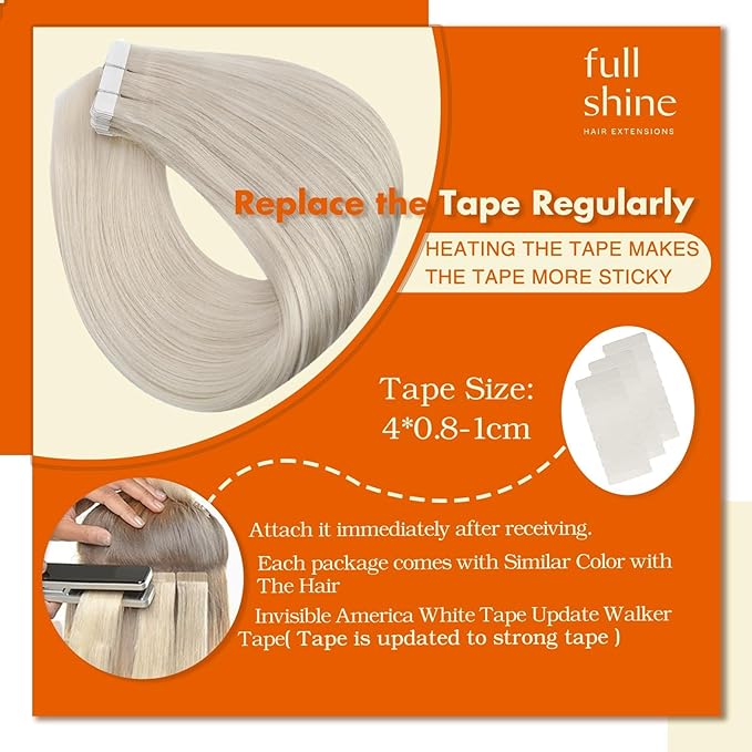 Full Shine Tape In Hair Extensions Color 1000 Ice Blonde Remy Real Human Hair Extensions Tape in Double Sided Tapes Silky Straight Extension Seamless Skin Weft 20 Inch 50 Grams 20Pcs