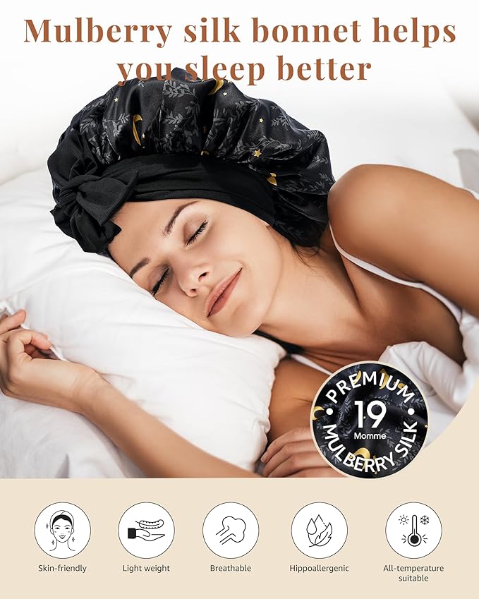 AWAYTR Silk Bonnet for Sleeping Women 100% Mulberry Silk Bonnet with Band 2 Layer Reversible Hair Bonnet Sleeping Hair Wrap (Stars/Black)