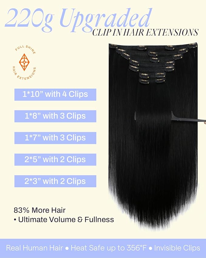 Full Shine Black Clip in Extensions 220 G 22 Inch Human Hair Clip ins for Black Women for Volume 7 Pcs