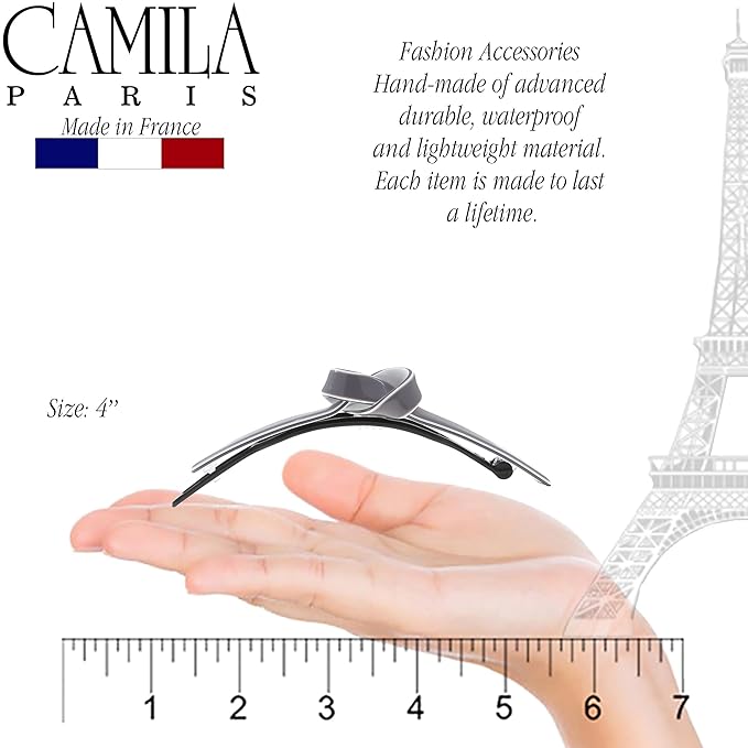 Camila Paris CP3354 French Hair Barrette Clip for Girls, Handmade, Gray/White, Metal-Free Closure Strong Hold Grip Hair Clips for Women, No Slip Durable Styling Girls Hair Accessories, Made in France